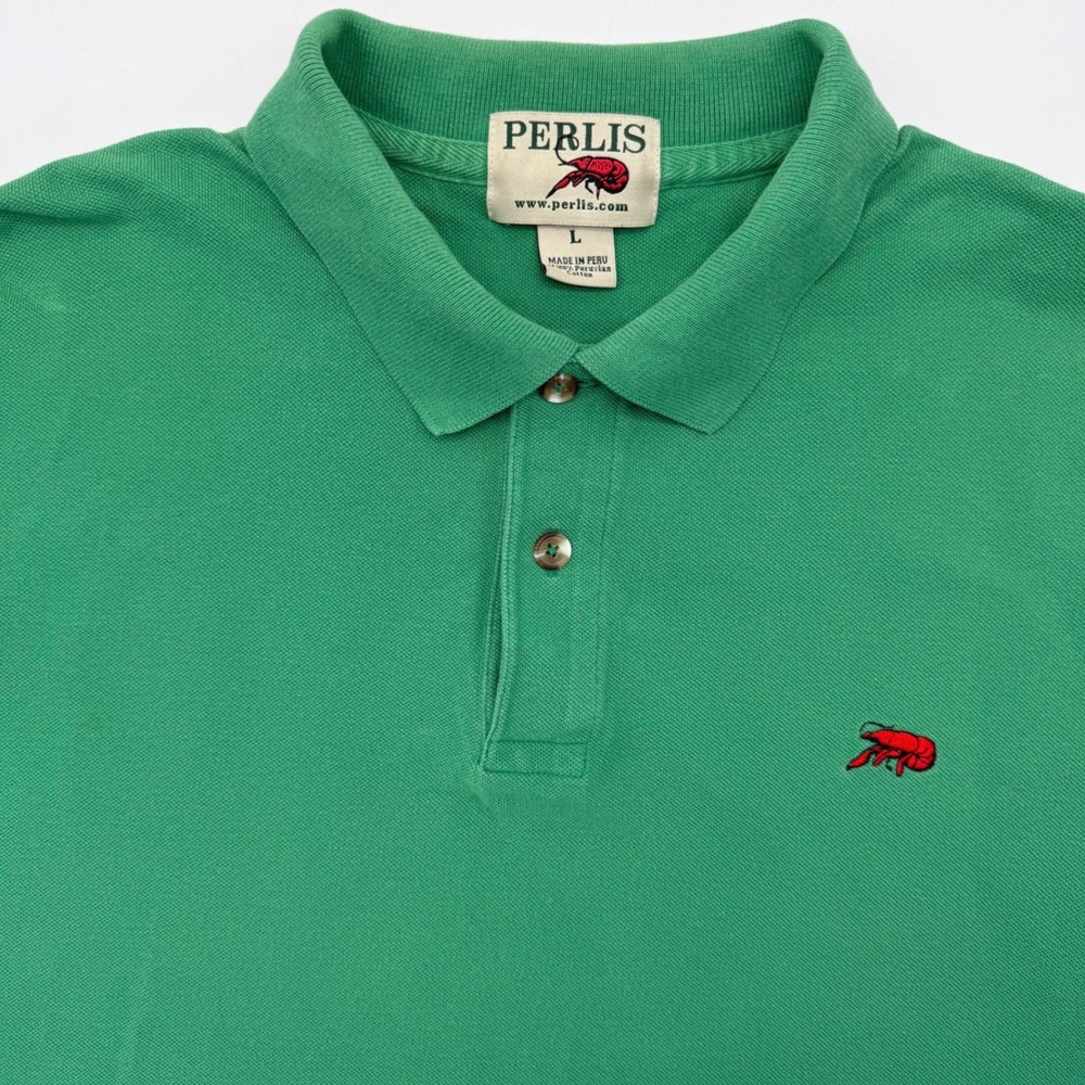 Perlis Polo Shirt Mens L Green Short‎ Sleeve Crawfish Logo Peruvian Cotton Pique